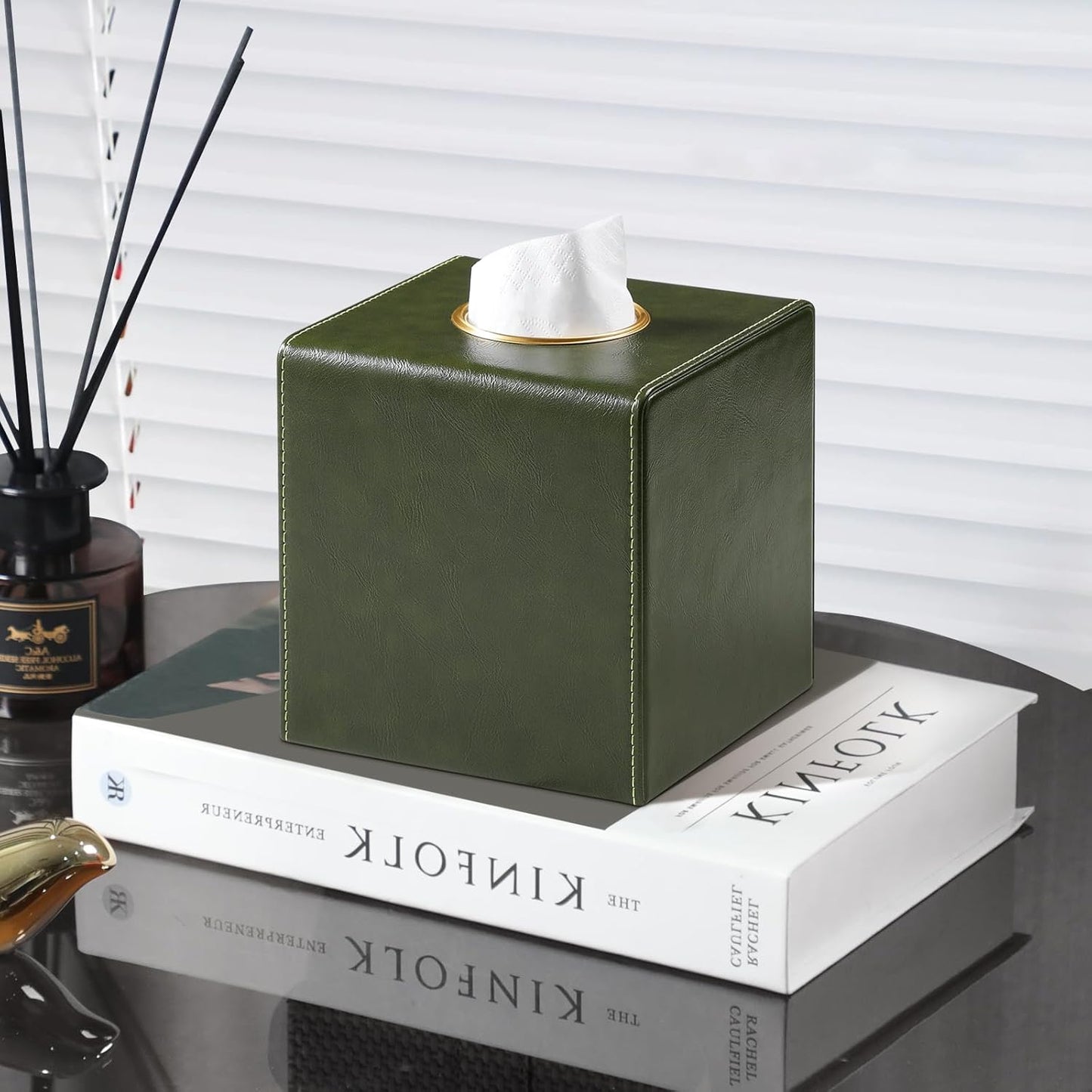 Square Tissue Box Cover, Luxury PU Leather Tissue Holder with Magnetic Closure (Dark Green)