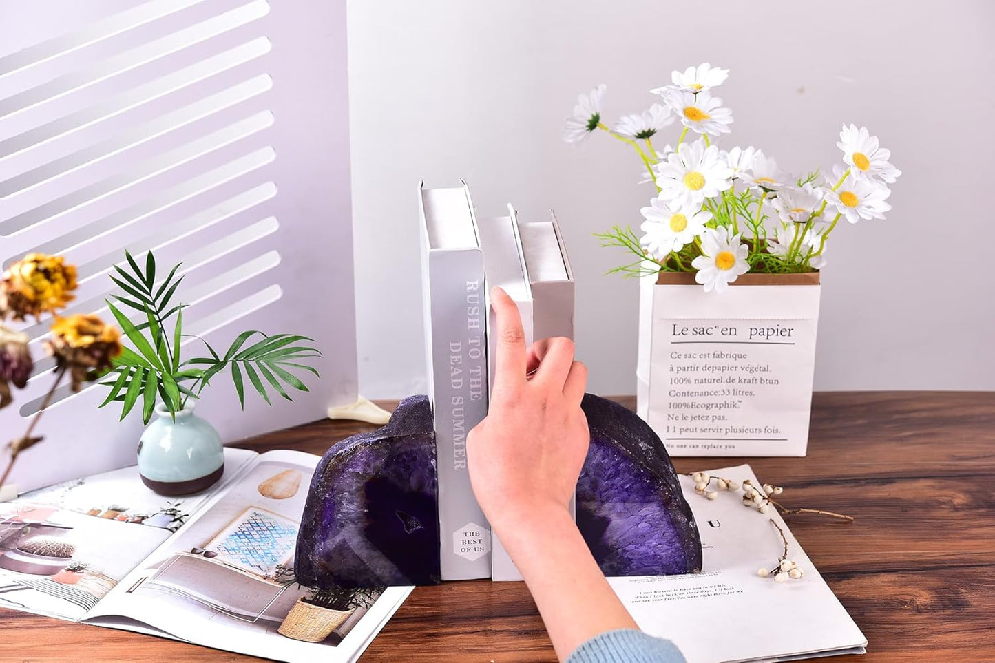 AMOYSTONE Agate Bookends Purple Minimalist Book Holder for Heavy Books, Weight Book Ends 6-7 LBS Stylish Bookends for Shelves, Office Table, Home Decor
