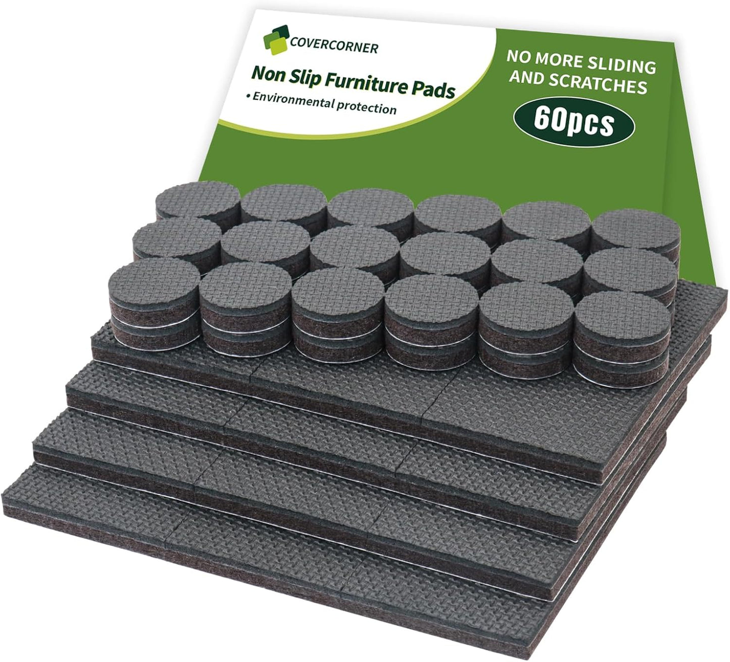 Non Slip Furniture Pads 60 PCS - 36 pcs 1” Round + 24 pcs 2" Square - Anti Slip Furniture Pads - Self Adhesive Rubber Feet Furniture Feet - Chair Leg Floor Protectors