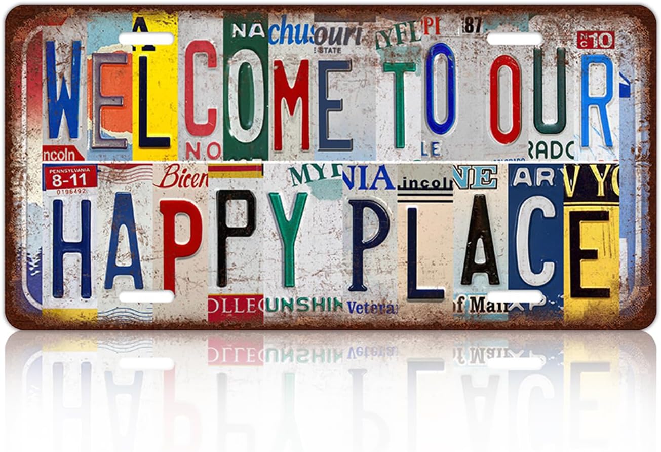 Vintage Welcome License Plate welcome to our happy place Wall Decor Metal Tin Sign For Bar Home 12 x 6 Inches