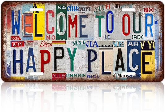 Vintage Welcome License Plate welcome to our happy place Wall Decor Metal Tin Sign For Bar Home 12 x 6 Inches