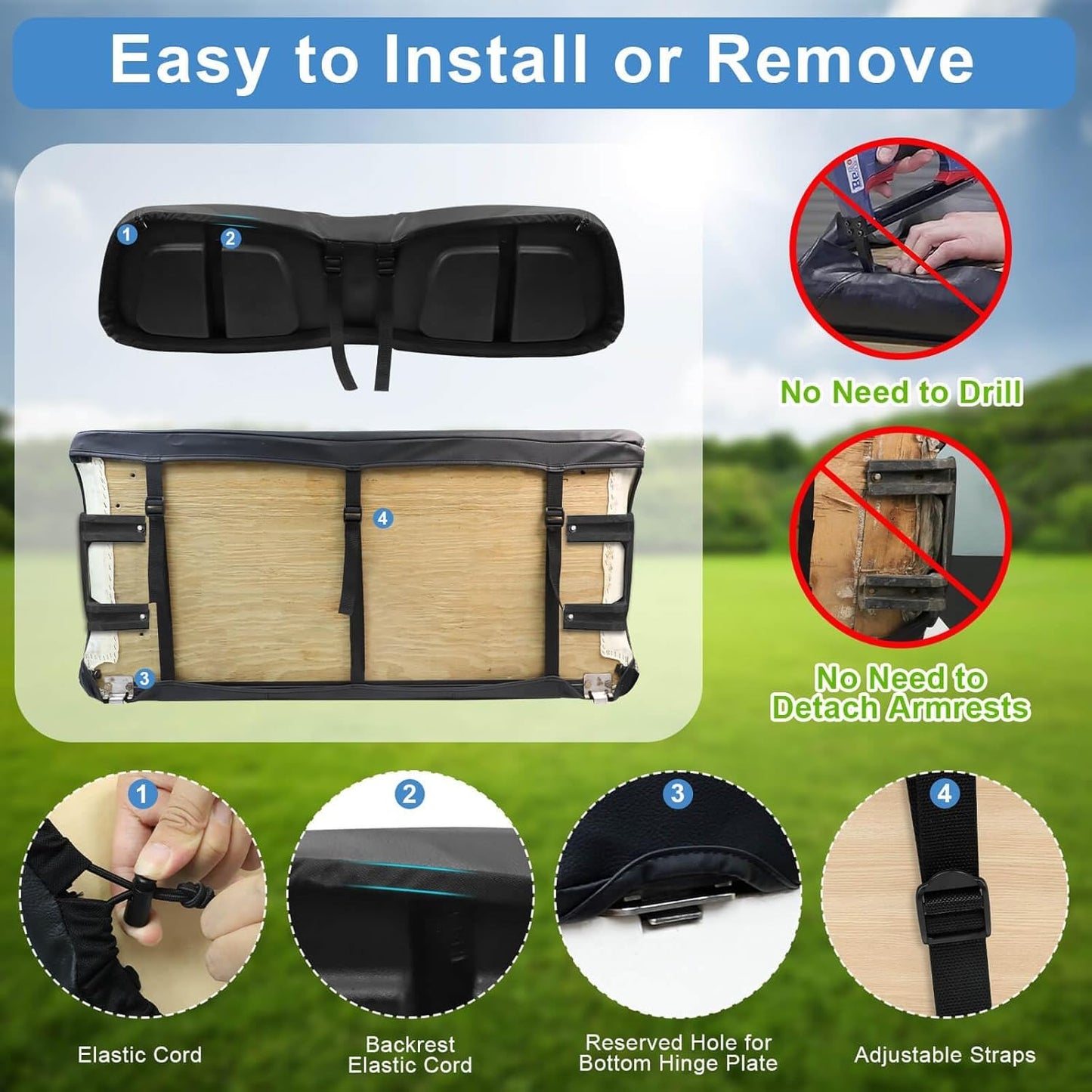 MOSNAI Club Car DS 2000.5-Up Seat Covers, Golf Cart Seat Covers for Club Car DS OEM Ordinary Seat, Breathable Polyester Mesh Cloth and Leather Combination Appearance, No Need Detaching Armrests