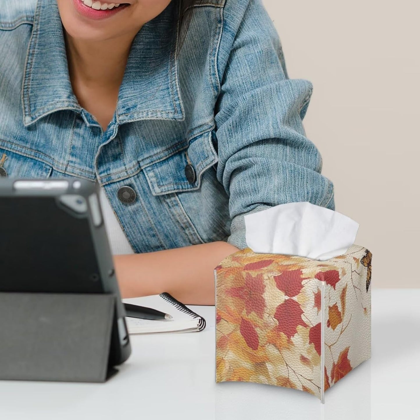 Cute Cat Tissue Box Cover Cube Leather Tissue Box Holder Thanksgiving Facial Paper Organizer 5x5x5 inch Mordern Home Decor Accessories Fall Leaf Print