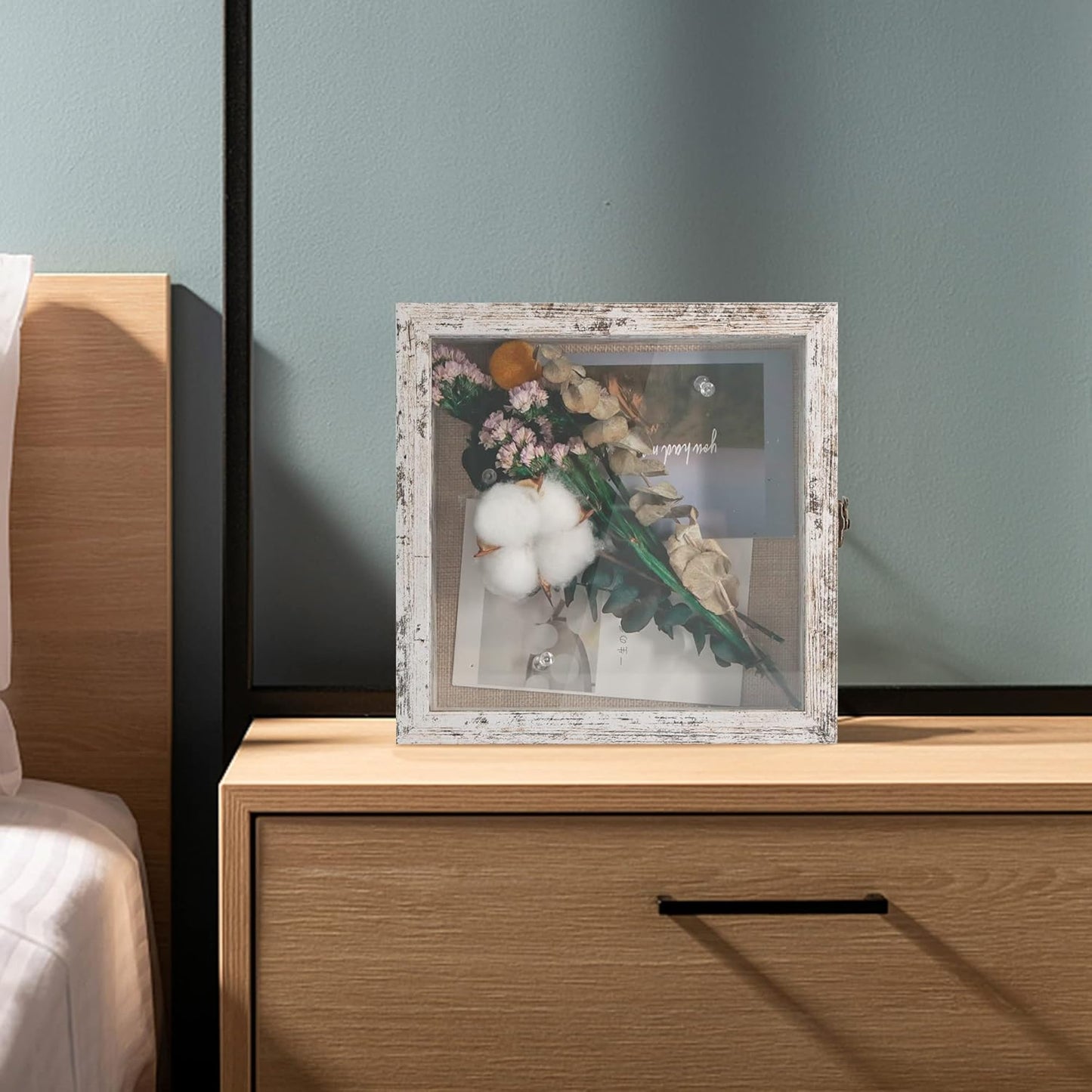 GraduatePro Shadow Box Frame 8x8 Display Case with Linen Back, Real Glass Window Door with Hinge, Picture Frame Wedding Bouquet Memorabilia Medals Photos Memory Box for Keepsakes, Rustic White