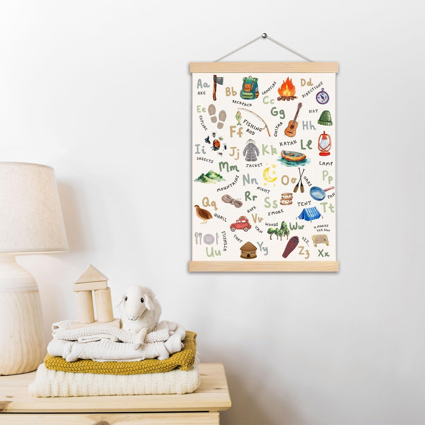 Alphabet Poster, Camping Alphabet Nursery Wall Art Poster Hanger Frame, Camper Decor, Alphabet ABC Educational Posters Wall Decor for Camper Home Classroom Kids Room Playroom Nursery, 12x16 Inches