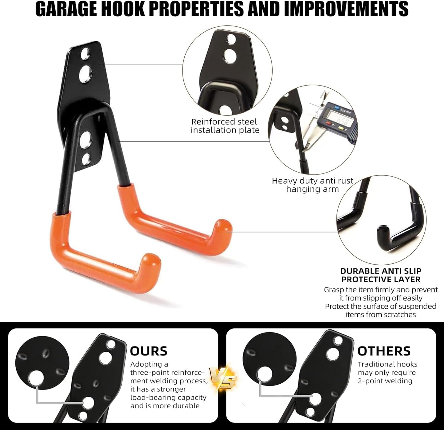 Garage Hooks, 4 Pack Wave Hooks for Hanging Heavy Duty Ladders, Bikes, Tools Ideal for Garage, Garden, Basement Utility Room Storage (Black)