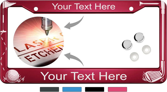Golf Club and Ball Design with Your Custom Text | Laser Etched Anodized Aluminum Standard Size - CAR/Automobile License Plate Frame & Free caps - Dark Pink (Qty: 1 Frame)