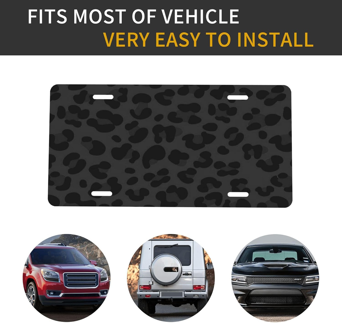 Black Animal Leopard Print Front License Plate for Car Designs Stainless License Plate Cover Holder for Men Women Metal Aluminum Decorative Accessory Vanity Tag Standard 6 X 12 Inch (4 Holes)