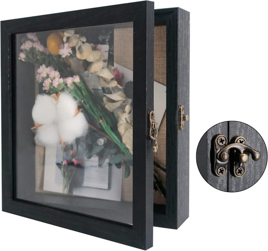 GraduatePro Shadow Box Frame 8x8 Display Case with Linen Back, Real Glass Window Door with Hinge, Picture Frame Wedding Bouquet Memorabilia Medals Photos Memory Box for Keepsakes, Rustic Black