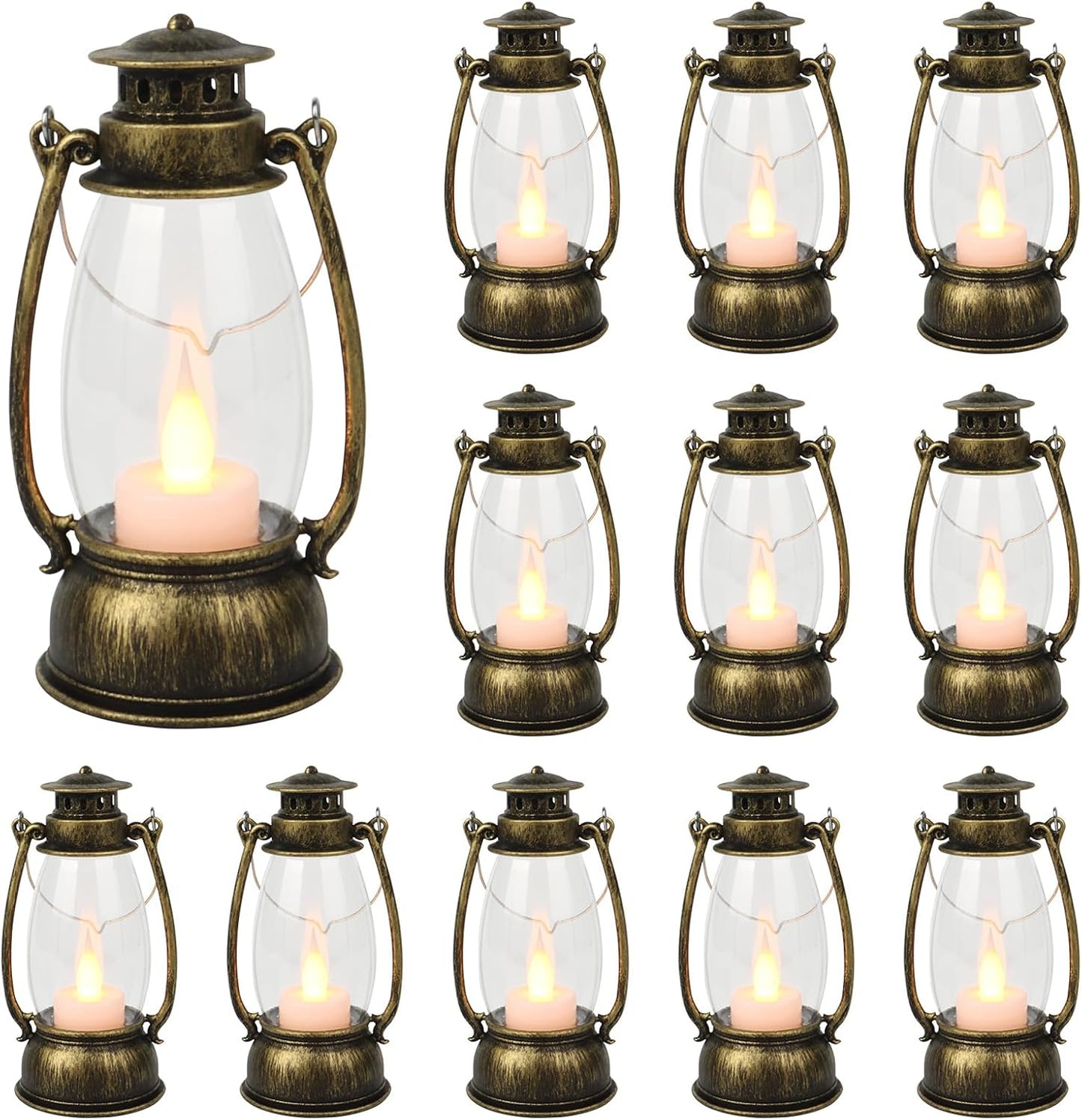 12Pcs Mini Lantern for Halloween Decor, 6Inch Small Lanterns for Western Garden Camping Party Decorations, Vintage Candleholders Table Centerpiece, Forest Christmas Wedding Decorations (Brass)