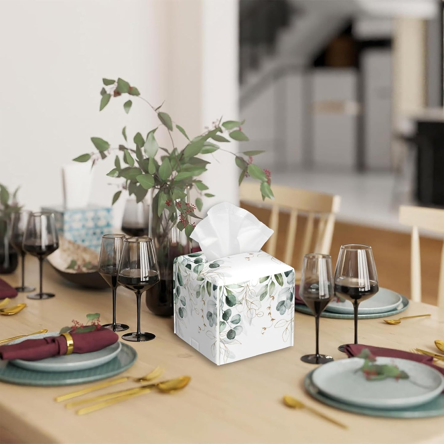 Tissue Box Cover Square,Eucalyptus Leaves Leaf Tissue Box Holder Waterproof Leather Facial Paper Case Modern Home Decoration for Bedroom Dresser Night Stand Office Desk