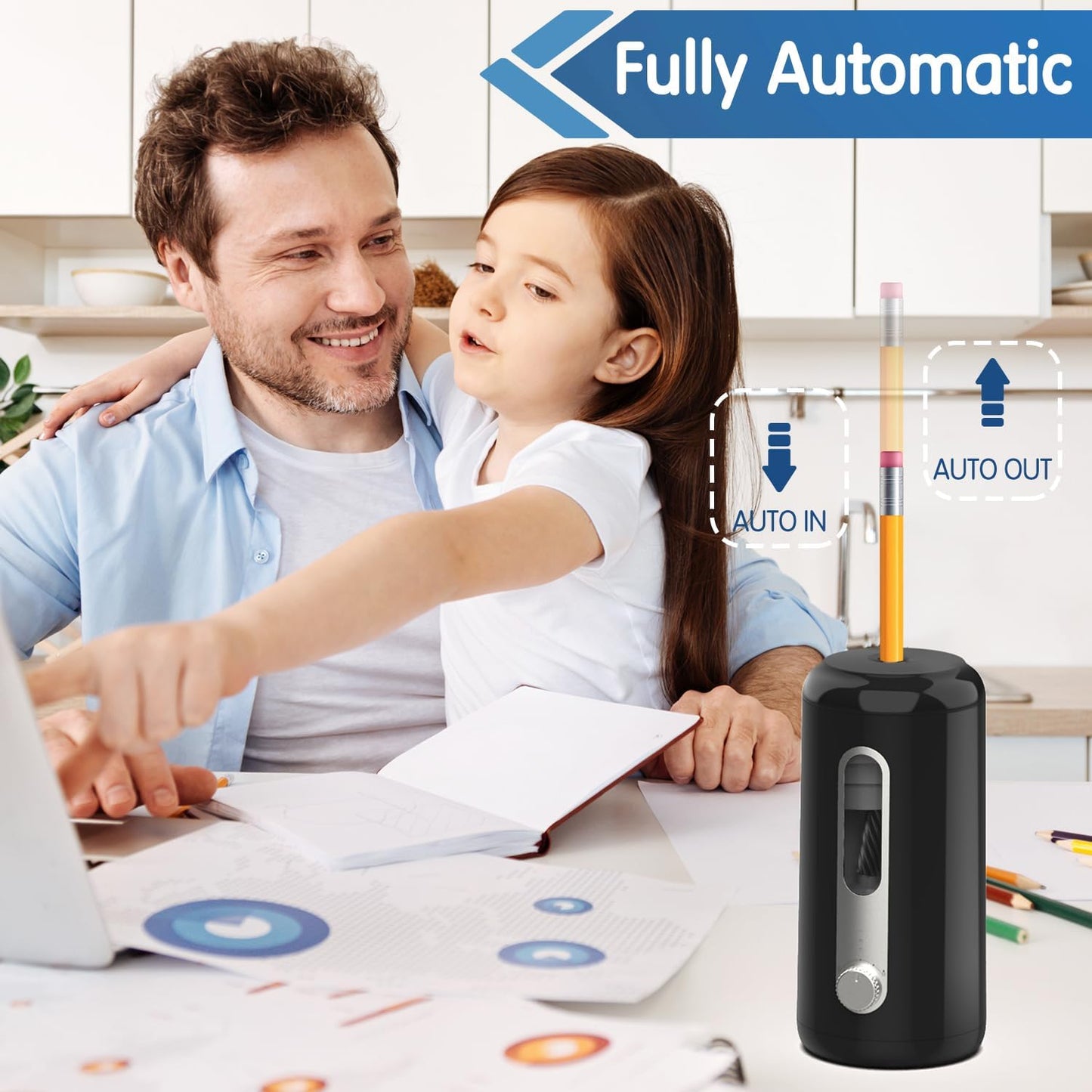 Deli Electric Pencil Sharpener, Fully Automatic Pencil Sharpeners, Auto in & Out, Rechargeable Hands-Free Pencil Sharpener for 6.9-12mm, Home, Classroom, Battery Operated