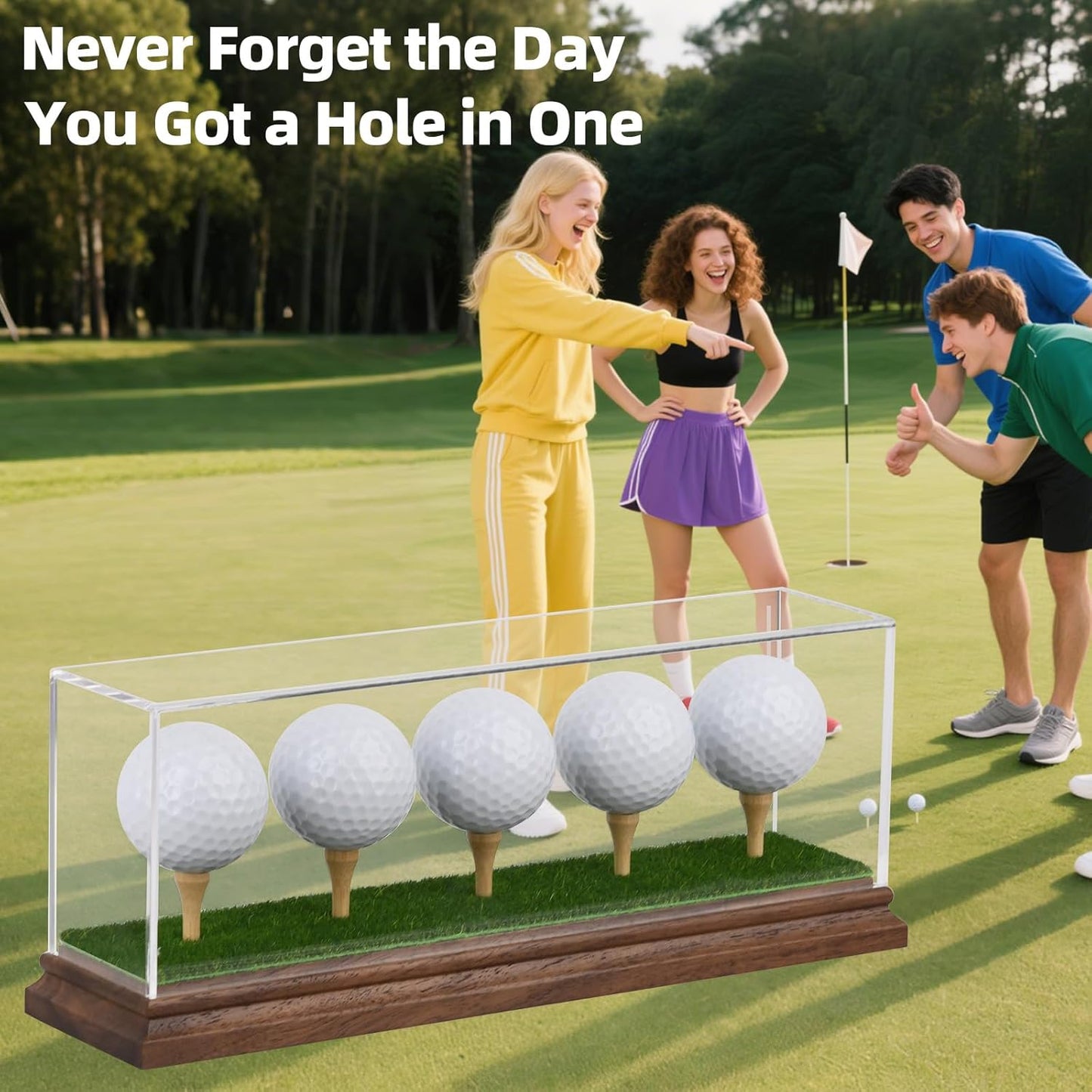 Golf Ball Display Case for 5 Golf Balls Holder Display Walnut Wood Base Acrylic Hole in One Golf Ball Case Display Uv Protection Golfball Stand Rack,Golf Office Decor Gifts for Men