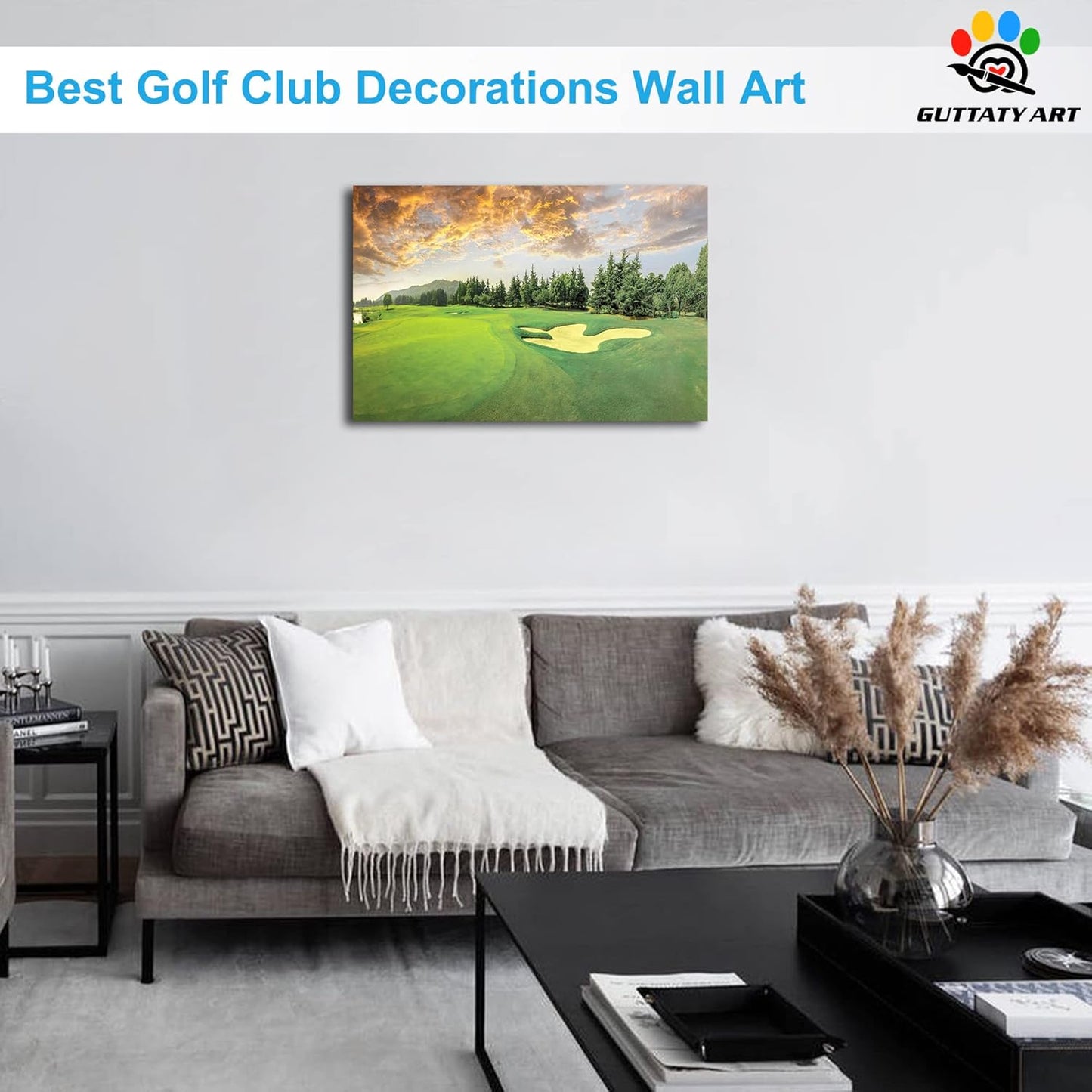 Golf Canvas Wall Art, Green Golf Course Wall Art Painting Prints for Living Room Wall Decor, Sunset Golf Sport Poster Picture for Bedroom Decor, Framed Artwork for Office Home Decoration 12x18 Inches