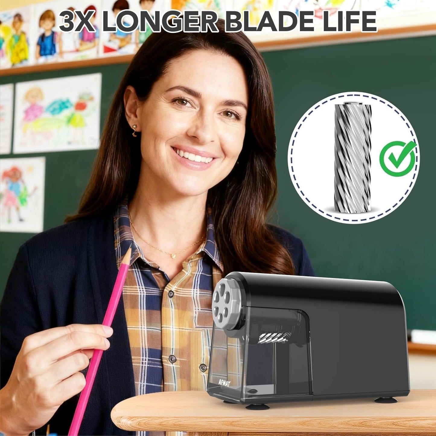 AFMAT PSD2 Electric Pencil Sharpener Heavy Duty, 6 Holes, Cordless & Rechargeable, Fast Sharpen, Auto Stop, 10K+ Uses, Classroom Pencil Sharpener for 6-11mm No.2/Large/Colored Pencils, Black