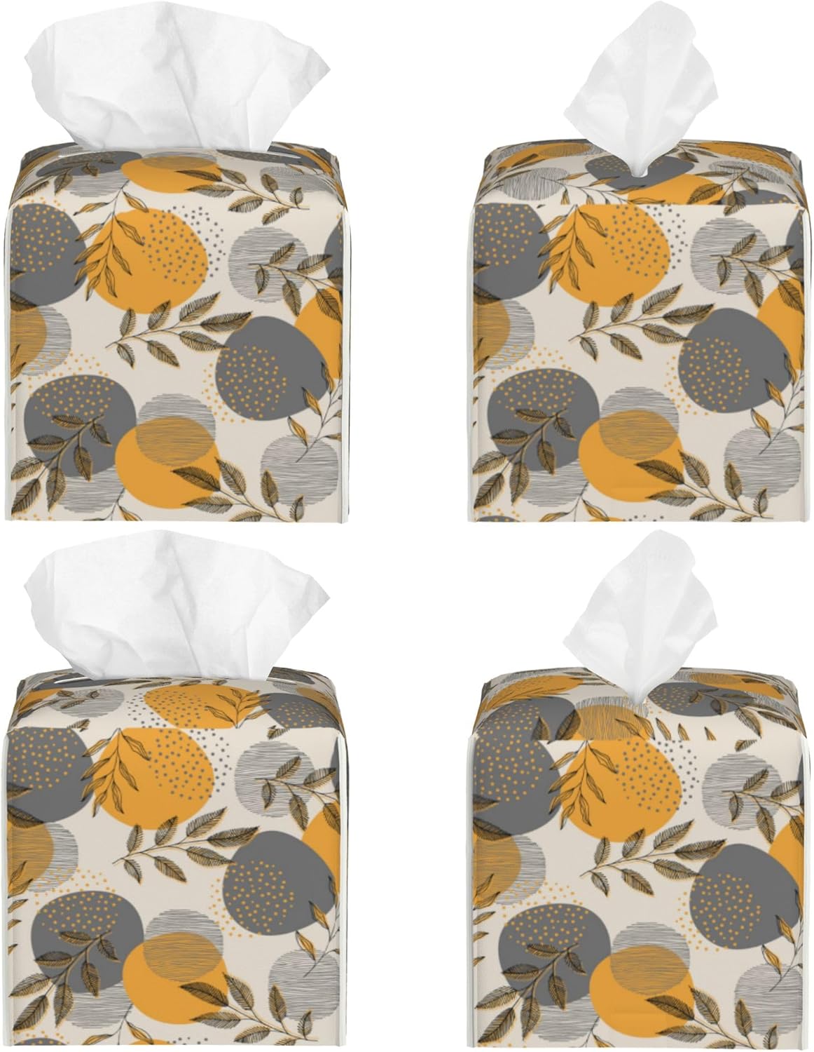 Boho Abstract Leaves Tissue Box Cover Square,Linear Boho Leaves and Geometric Tissue Box Holder Waterproof Leather Facial Paper Organizer Dispenser for Bathroom Home Car Nightstand Vanity Desk