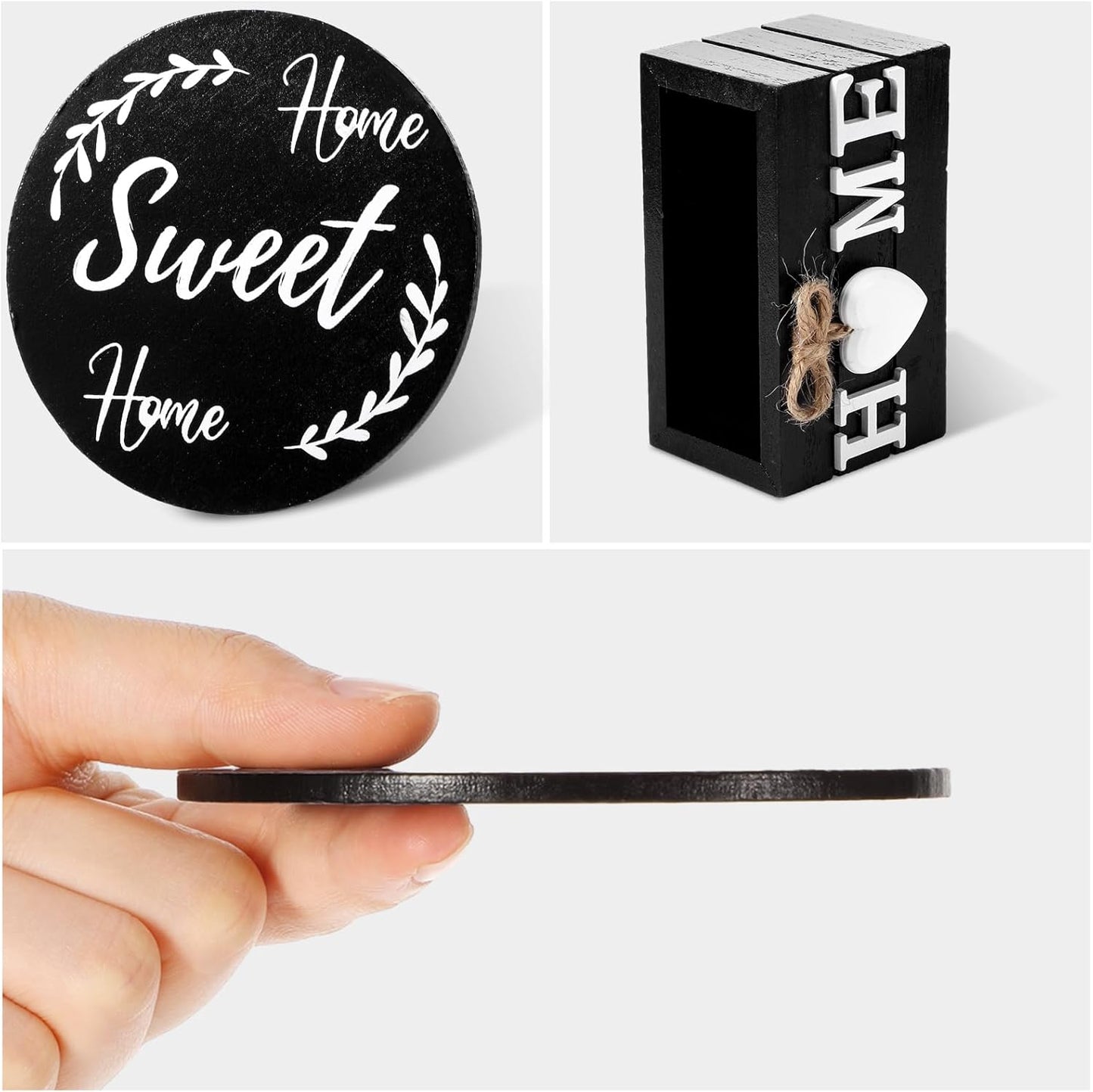 Queekay Housewarming Gifts for Home Decoration Wooden Heart Coasters for Drinks 6 Set Farmhouse Coasters with Holder Funny for Family Coffee Table Protection, 4''(Black)