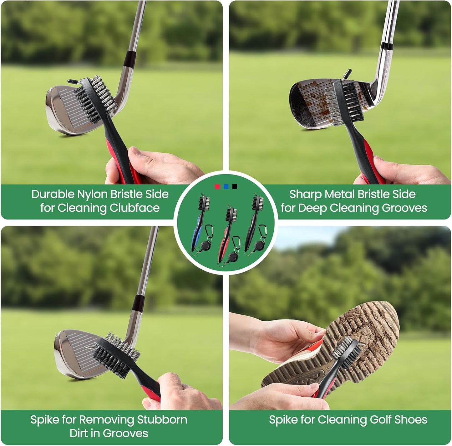 3 Pack Golf Club Brush and Club Groove Cleaner with Retractable Zip-line and Aluminum Carabiner Cleaning Tools , Golf Accessories, Golf Gifts for Men , Golf Ball Cleaner, Easily Attaches to Golf Bag