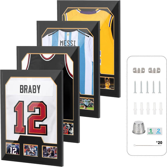 Nice C Jersey Frame Display Cases, Jersey Frame with Picture Slots, Jersey Shadow Box Display Case, 98% UV Protection, Football, Basketball (4 Pack, Black&Gold)