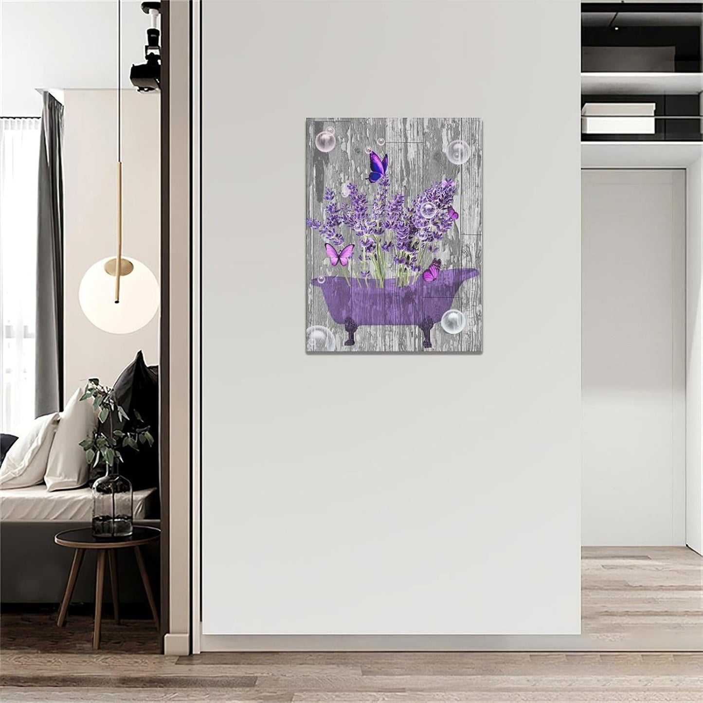 Lavender Bathroom Decor Wall Art Purple Farmhouse Bathroom Pictures for Wall Rustic Butterfly Bathtub Artwork Vintage Country Bathroom Grey White Painting Framed Bath Laundry Decorations 20"x24"