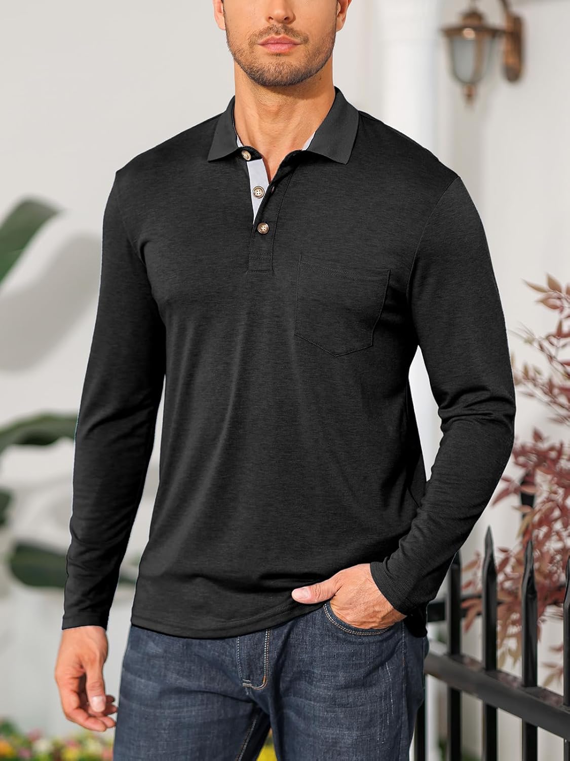 Mens Long Sleeve Polo Shirts Casual Moisture Wicking Golf Polo Shirts with Pocket