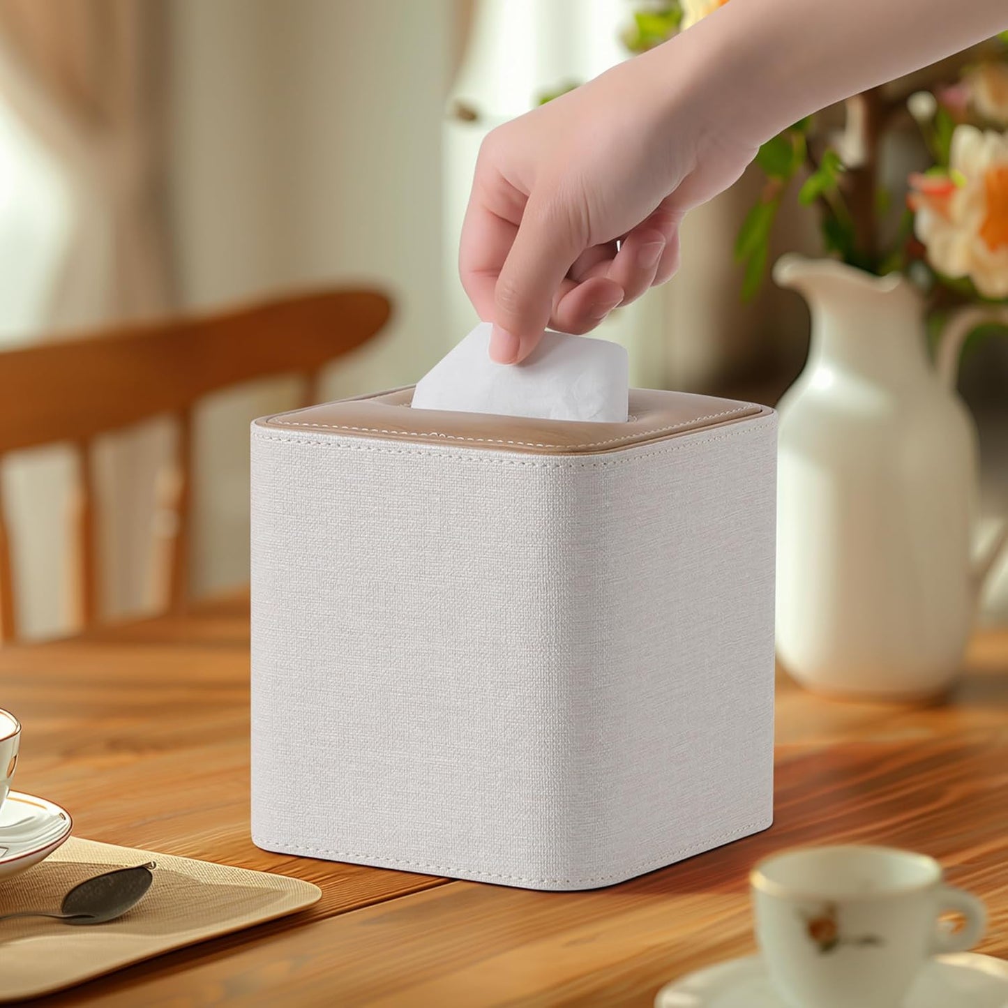 Square Linen Tissue Box Cover with Magnetic Closure, Modern PU Leather Tissue Box Holder for Bathroom Vanity Countertop Night Stands Bedroom Office Desk, Stylish Cube Tissue Holder (Linen)