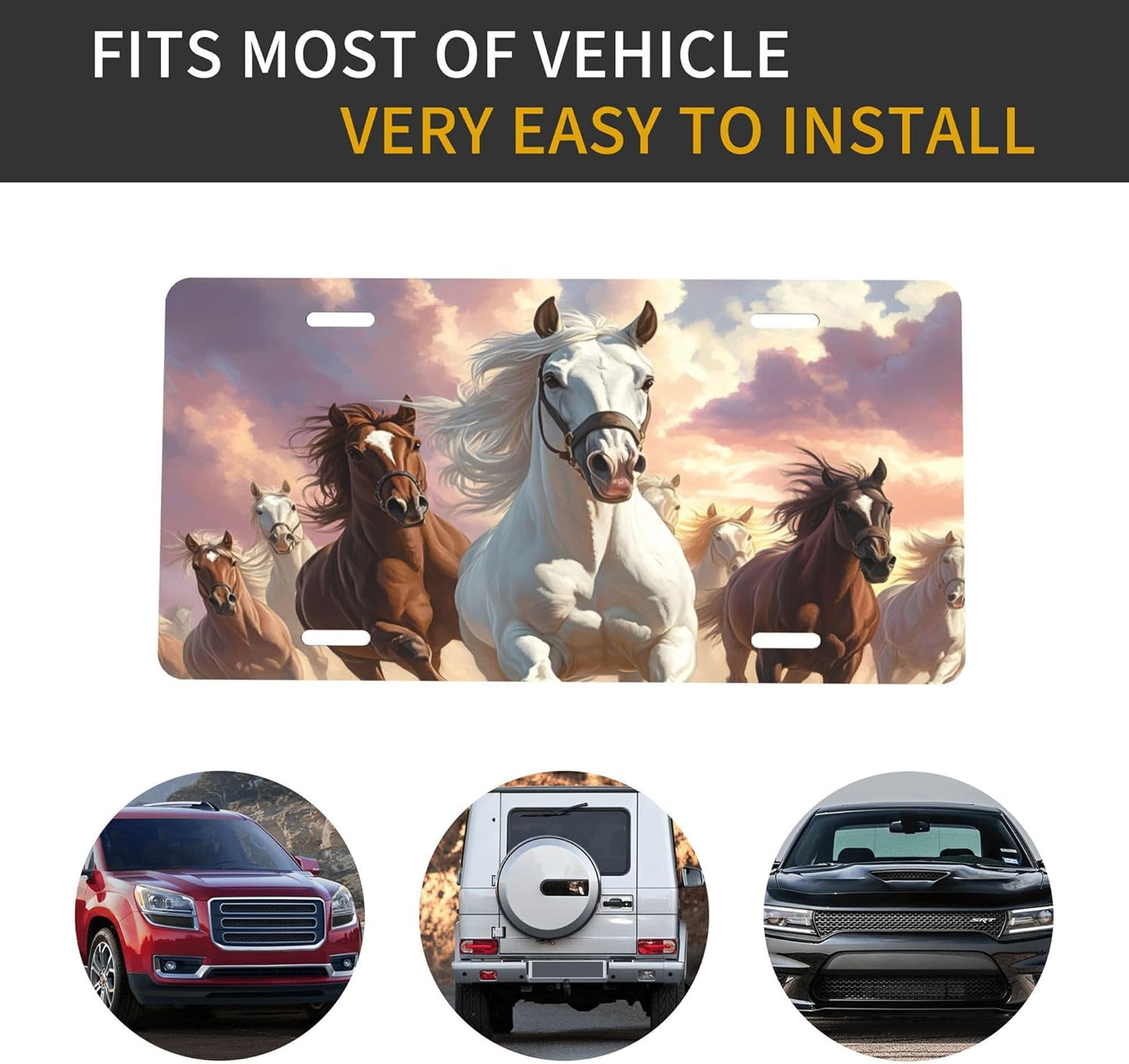 Front License Plate for Car Designs Running Animal Horse Cloud Stainless License Plate Cover Holder for Men Women Metal Aluminum Decorative Accessory Vanity Tag Standard 6 X 12 inch (4 Holes)