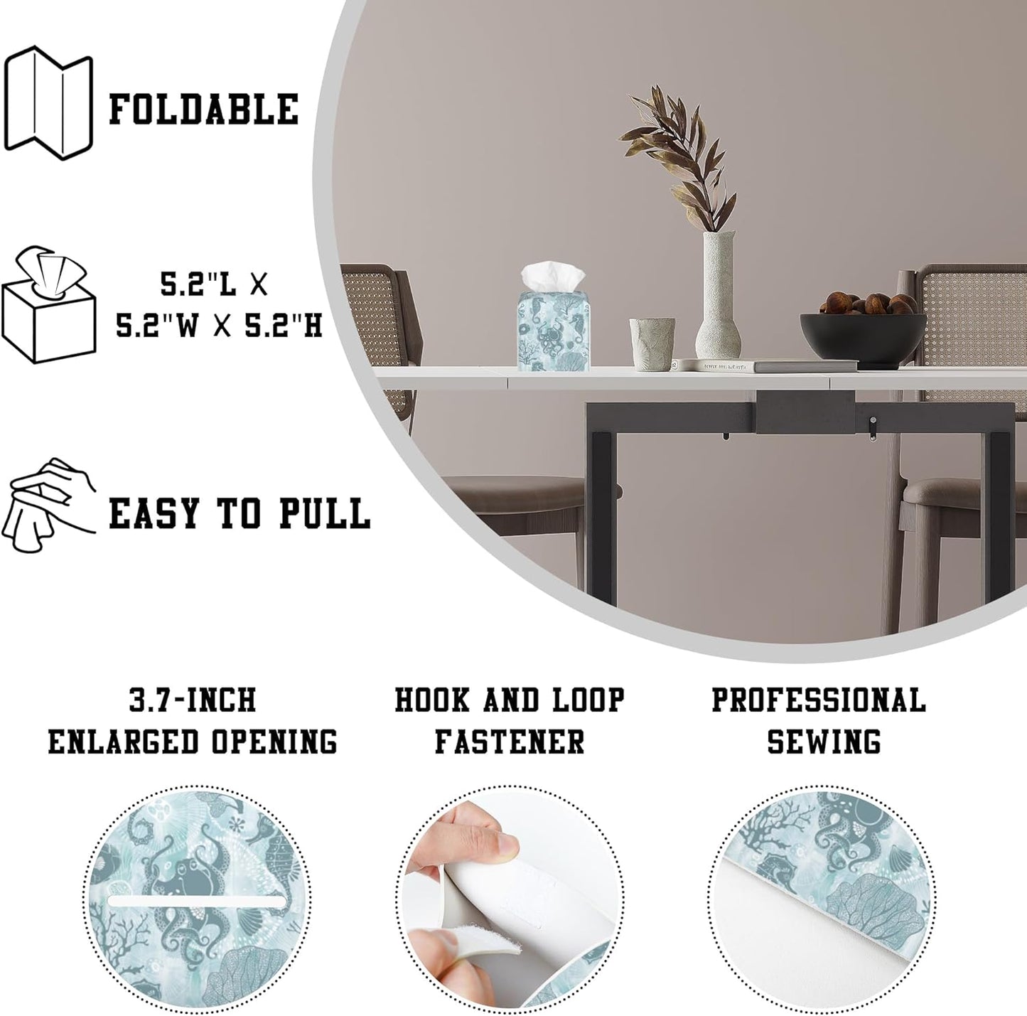 Sea Creatures and Plants Tissue Box Cover Square, Octopus Tissue Box Holder Leather Facial Paper Case Decorative Organizer Holder Dispenser Home Office Car Decor