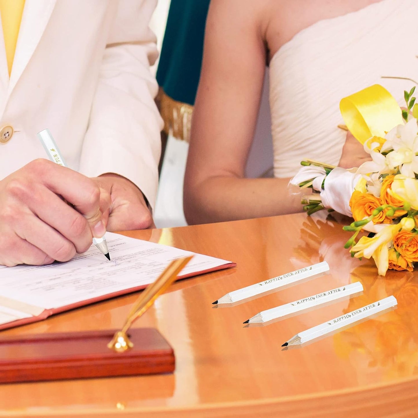 50 Pcs Wedding Half Pencils - Happily Ever After Mini Short Golf Pencils for Bridal Shower Favor Gift Company Meetings (White)