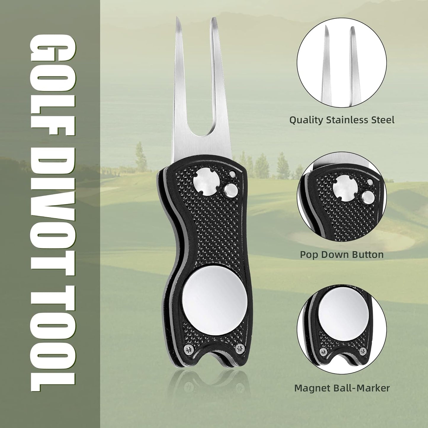 Mile High Life Golf Divot Repair Tool, All Metal Foldable Divot Tool with Pop-up Button & Magnetic Ball Marker, 2-6 Pack