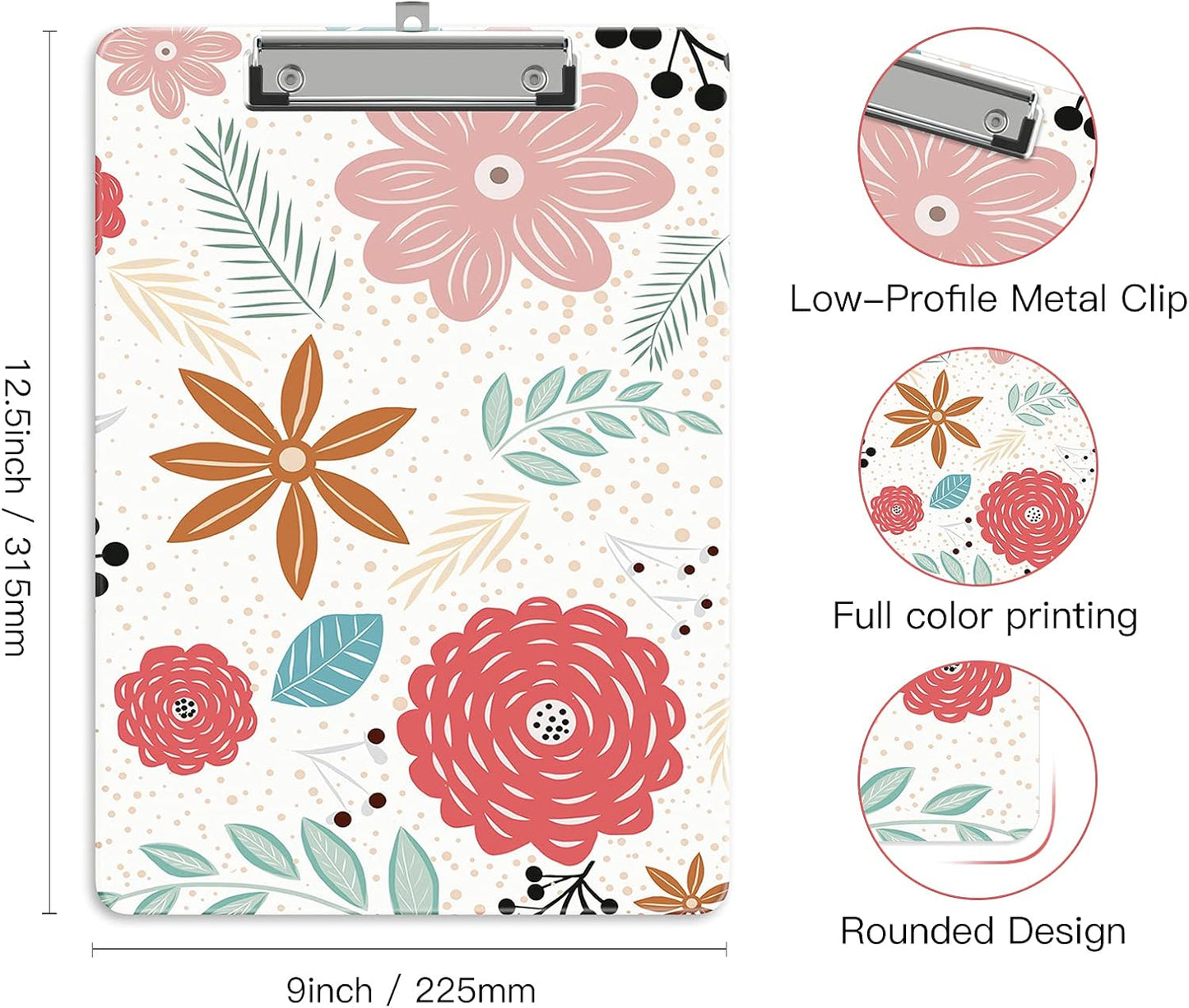 Plastic A4 Clipboards, Cute Clip Board Stardard Letter Size 9 x 12.5 in, Office Decorative for Students Women Men and Kids, Flowers