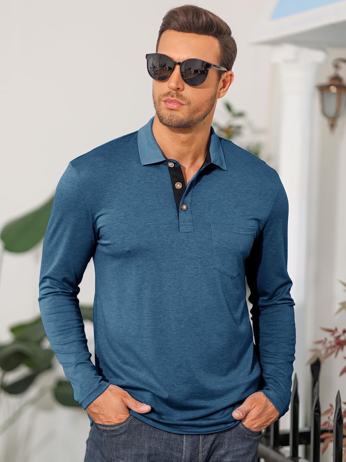 Mens Long Sleeve Polo Shirts Casual Moisture Wicking Golf Polo Shirts with Pocket