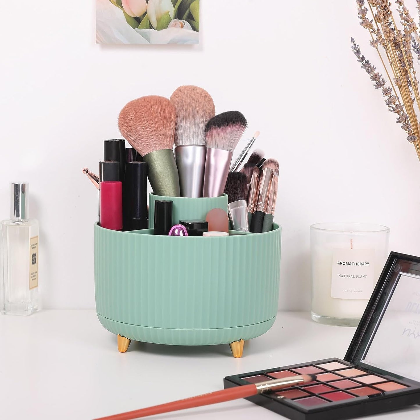 SKYDUE 360 Degree Rotating Desk Organizer, Dual-Purpose Pencil Pen Holder for Desktop, Rotating Desk Pen Organizer with 5 Slots, Pencil Cup for School, Home, Office Supplies (Bean Green)