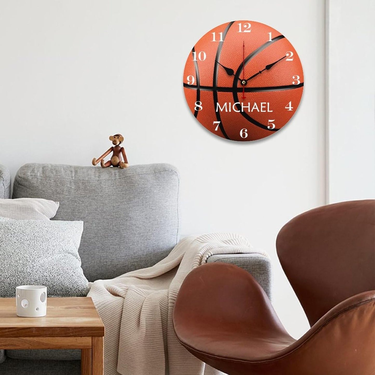 Personalized Basketball with Name Wood Wall Clocks Rustic Battery Operated 10 inch Non Ticking Basketball Lover Wall Clock for Kids Rooms Boys Girls,Nursery Wall Clock,Custom Kids Clock with Name
