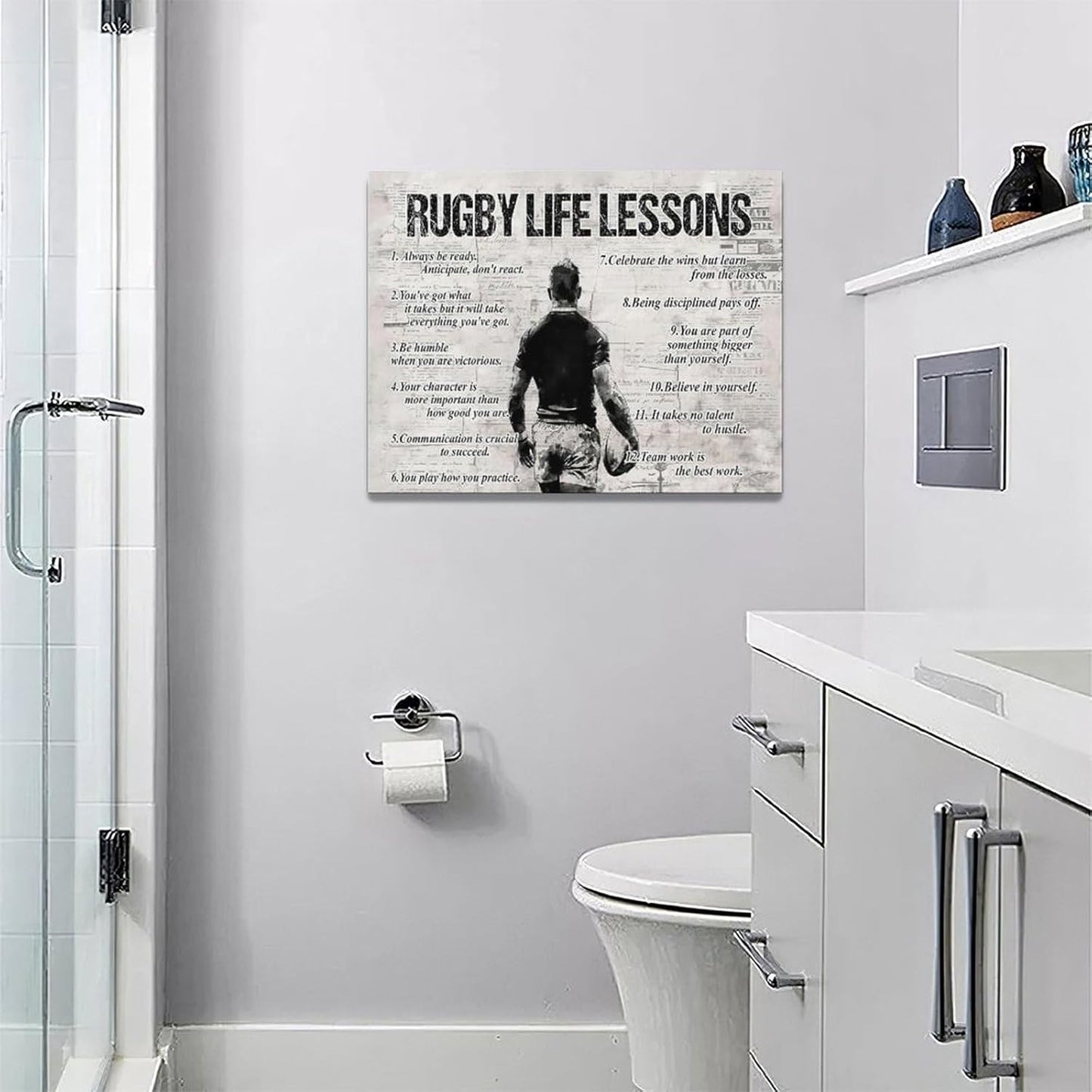 Rugby Life Lessons Wall Art Rugby Sports Wall Decor Rugby Sign Retro Poster Boy Men Motivational Decorations Canvas Print Painting Artwork for Bedroom Bathroom Living Room Gym 16"x12"