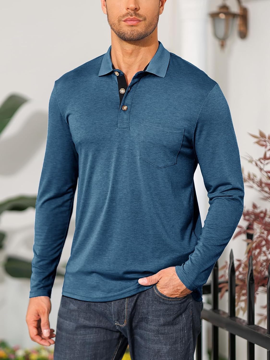 Mens Long Sleeve Polo Shirts Casual Moisture Wicking Golf Polo Shirts with Pocket