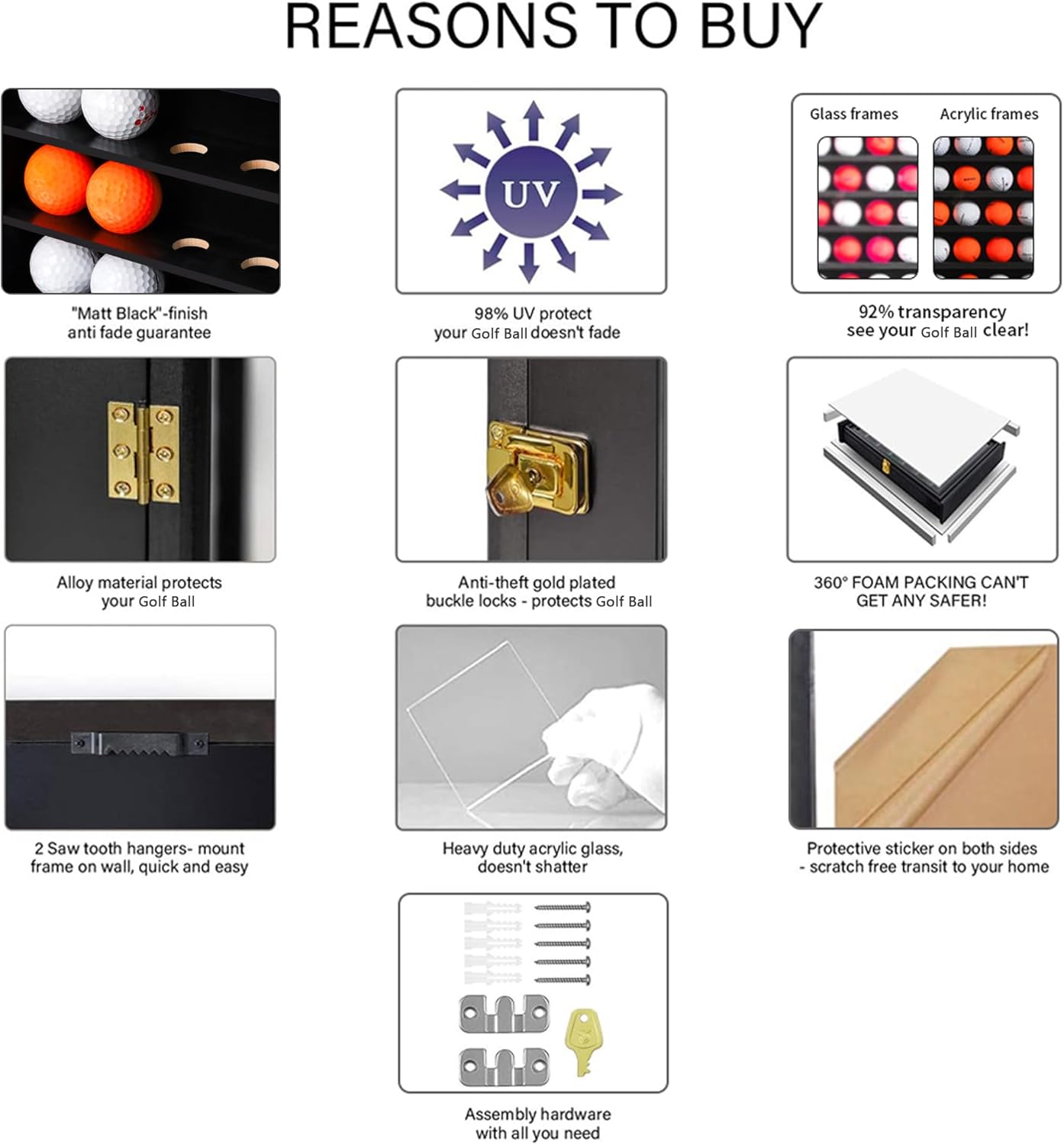 KCRasan Golf Ball Display Case - Wall Mounted Holder with Glass Door, Ideal Gift for Golf Enthusiasts