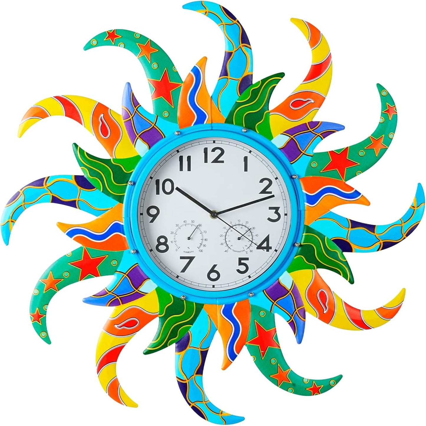 25-Inch Sun-Shaped Outdoor Clock and Thermometer Set, 10-Inch Dial, Battery Powered, Waterproof, Silent Quartz Movement (Blue)