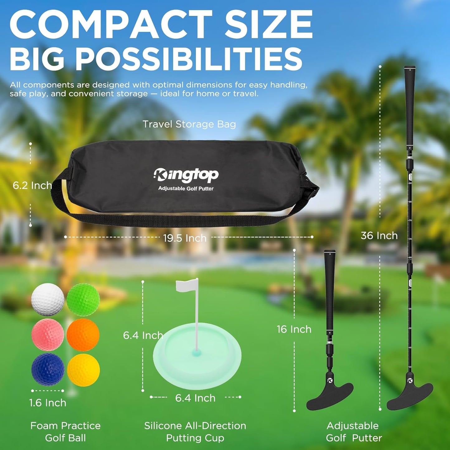 KINGTOP Adjustable Golf Putter – Retractable Shaft, Lightweight Travel Putter with Practice Balls & Putting Cup, Left & Right-Handed Design