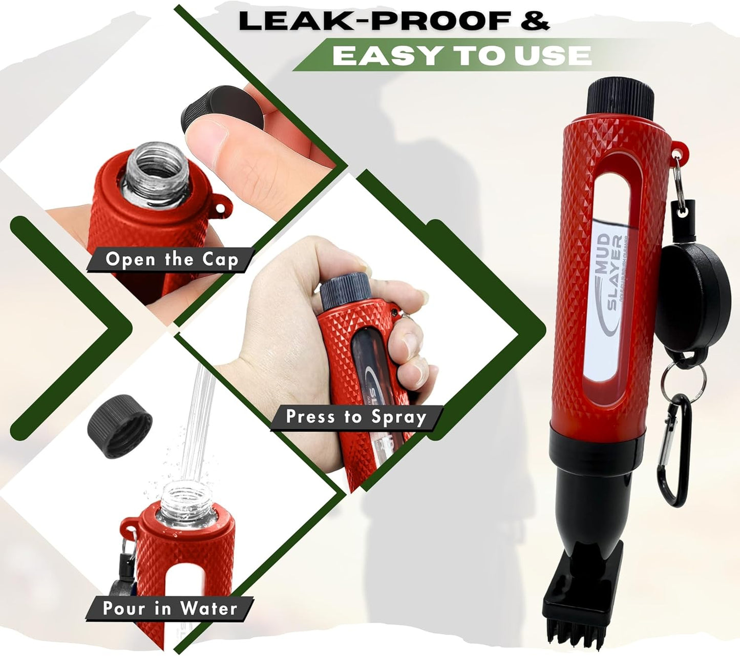 Mud Slayer Golf Club Cleaning Brush with Fine Mist Spray, Leak-Proof Viewing Window & Retractable Clip – Dual Bristle Head, Ergonomic Handle – Must-Have Golf Accessories for Men & Women