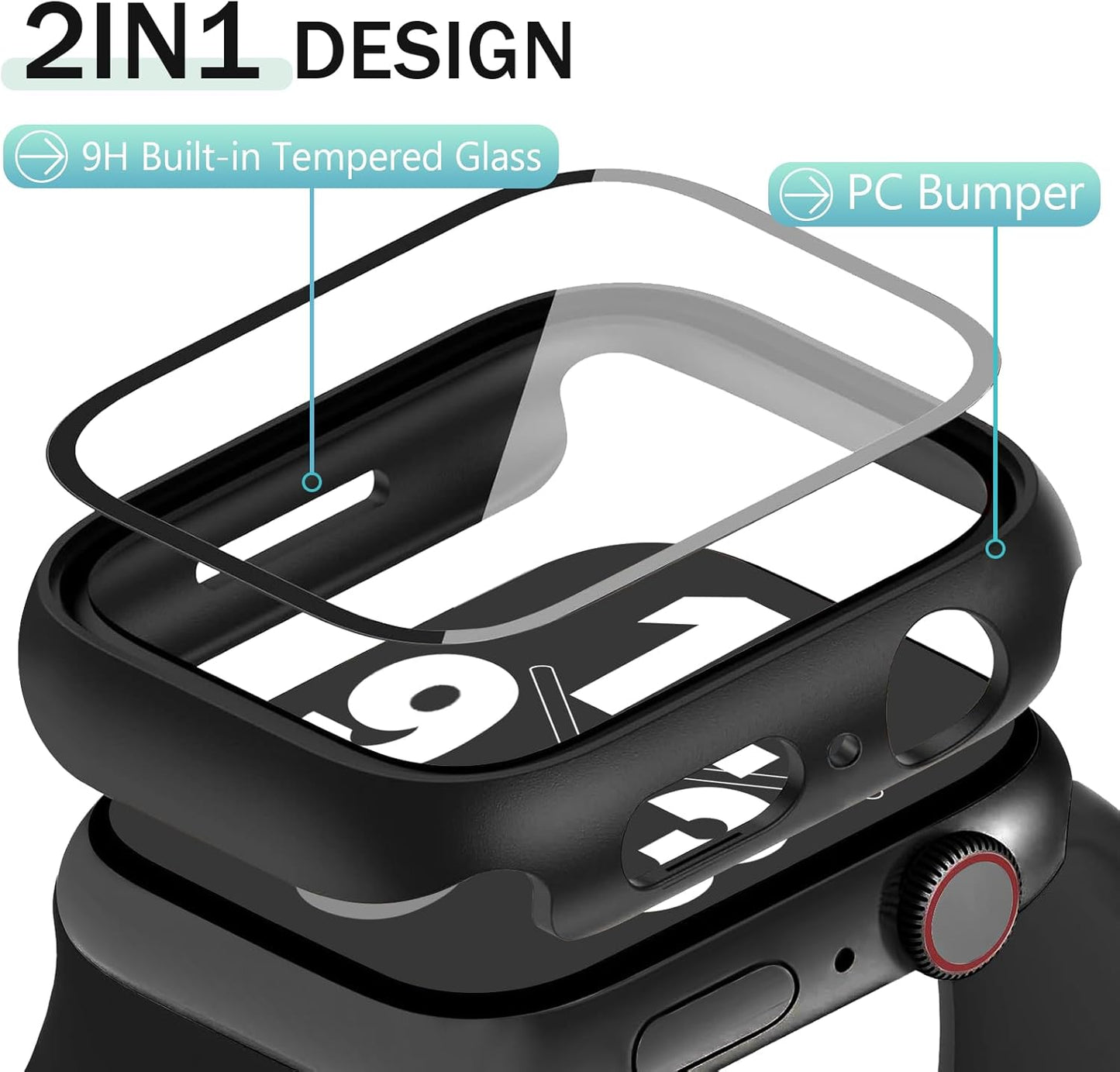 JR.DM 41mm 2 Pack Hard PC Case with HD Tempered Glass Screen Protector for Apple Watch Series 9/8/7, Slim Guard Bumper Full Coverage Protective Anti-Scratch Face Cover for iWatch, Black+Clear