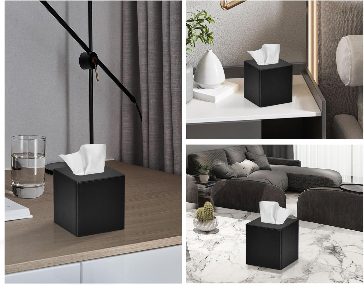 Tissue Box Cover Square PU Leather Facial Tissue Box Holder for Dresser Bathroom Decor (Black)