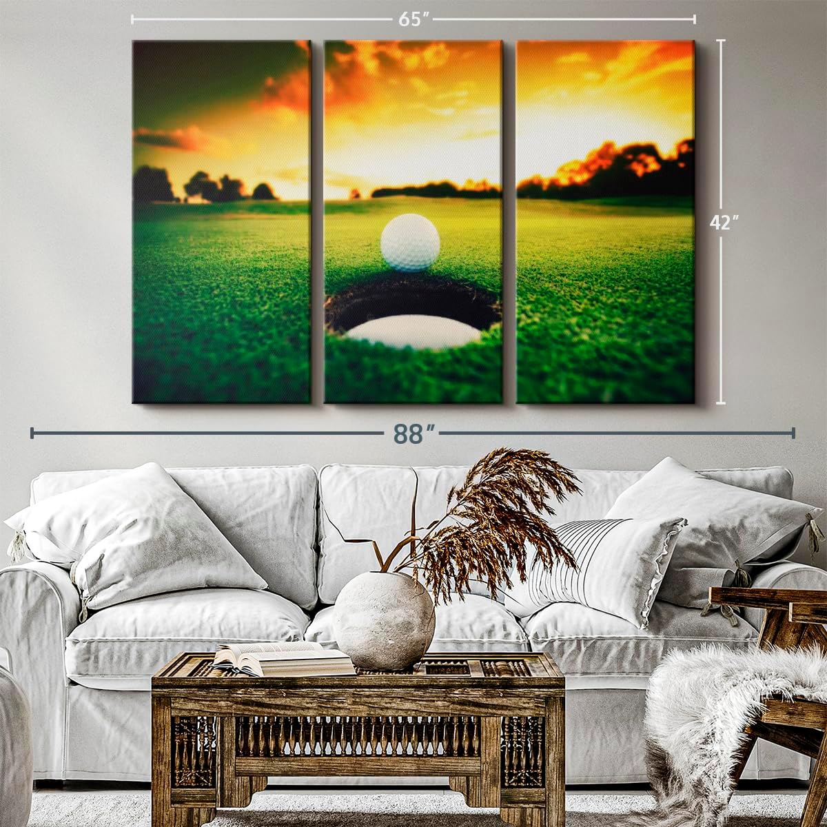 ElephantStock Golf Ball Wall Art - Horizontal Canvas - 3-Piece Living Room Wall Decor - Photography Sports Canvas Print - Orange and Yellow Decor for Wall - 65" X 42"
