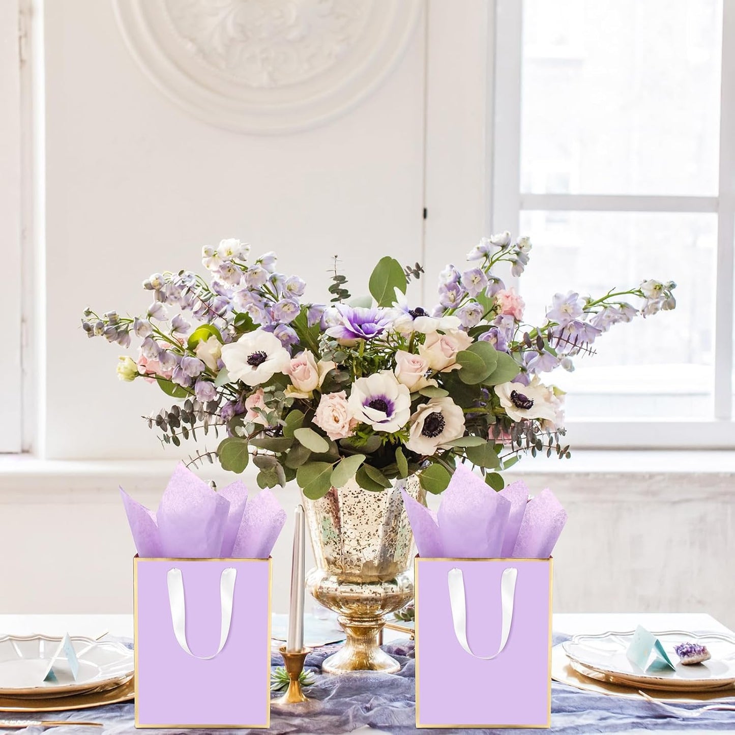 Yeaqee 24 Pack Metallic Paper Gift Bags with Handle and Tissue 9x7x3.1 Gold Foil Welcome Favor Bags Return Gifts for Wedding Fall 5 Senses Christmas Bridesmaid Birthday(Lavender, Gold)