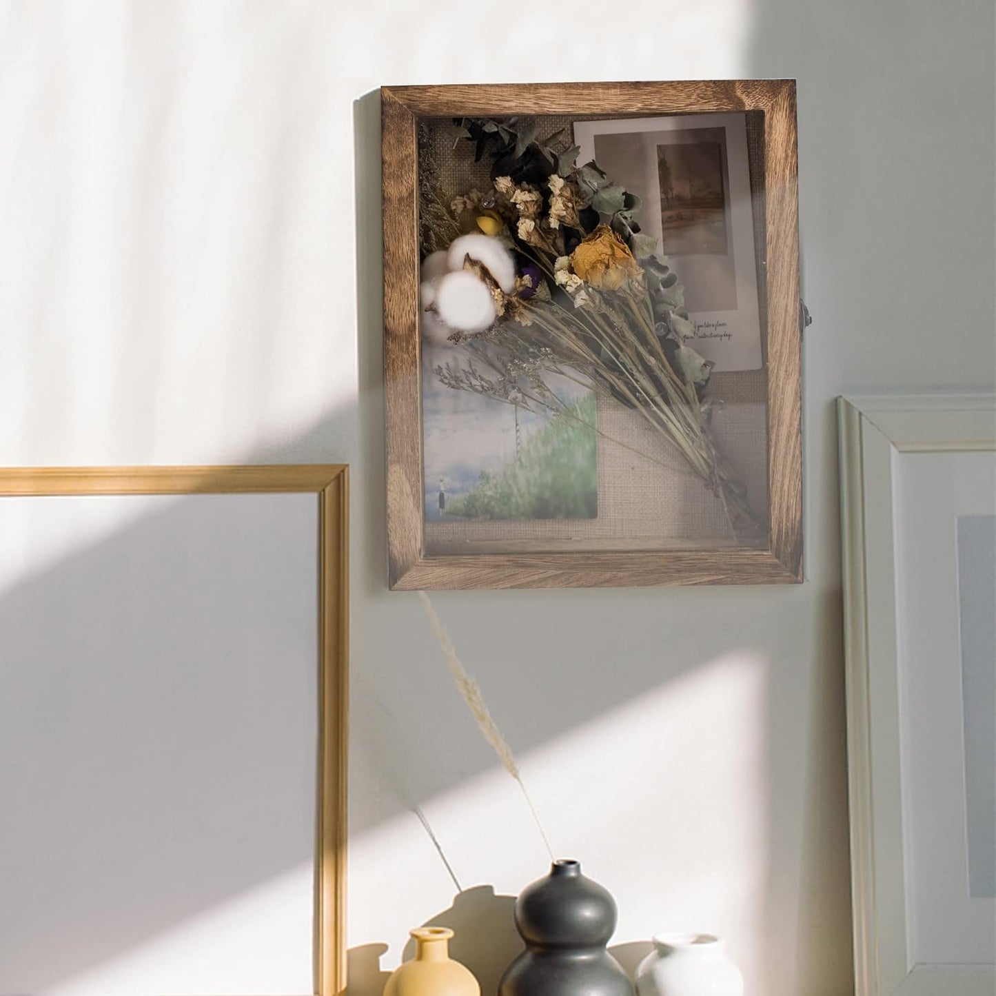 GraduatePro Shadow Box Frame 8x10 Display Case with Linen Back, Real Glass Window Door with Hinge, Picture Frame Wedding Bouquet Memorabilia Medals Photos Memory Box for Keepsakes, Carbonized Black