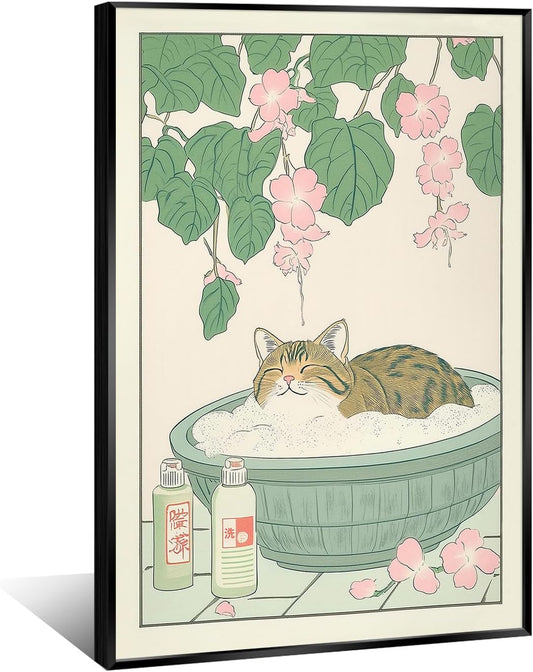 Vintage Tabby Cat in The Bathtub Posters Funny Bathroom Wall Art Cute Animal Lover Canvas Prints Japanese Aesthetic Neutral Minimalist Wall Decor for Dorm Restroom 16x24in Framed