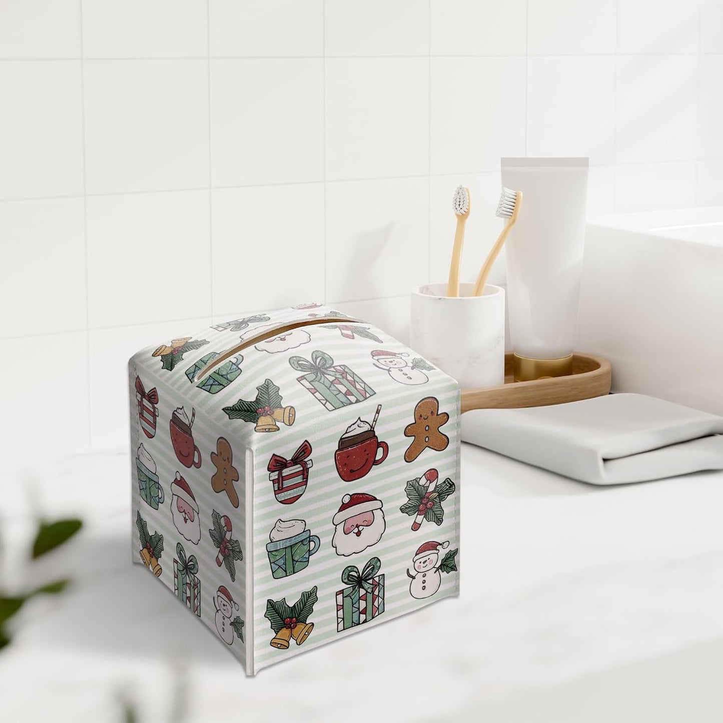 Merry Christmas Tissue Box Holder, Cute Santa Bow Leather Tissue Box Cover Square, Paper Facial Decorative Tissues Cover for Night Stands Bathroom Kitchen Office Home Decor-B30