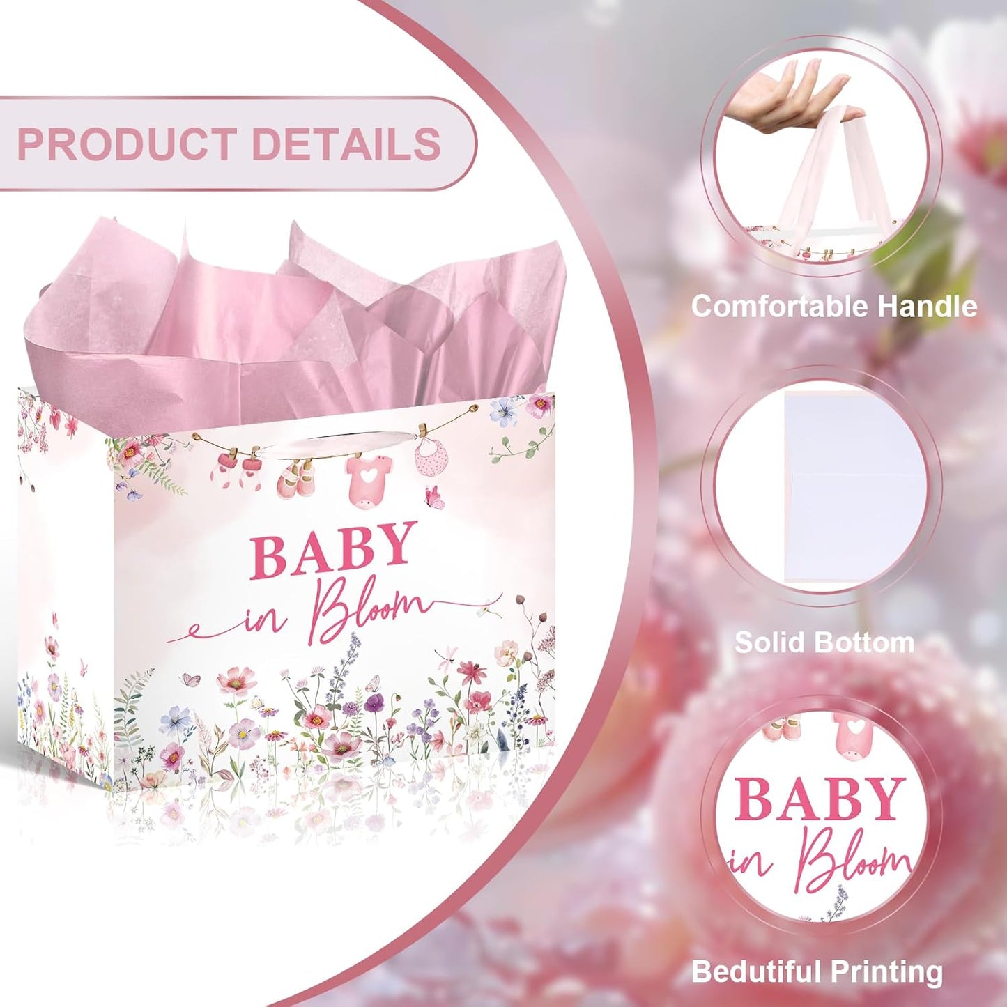 Luvsweets Baby in Bloom Gift Bag - Wildflower Gift Bag with Pink Wrapping Paper Greeting Card for Girl, Gender Reveal Party Decorations, Floral Baby Shower Decor Supplies