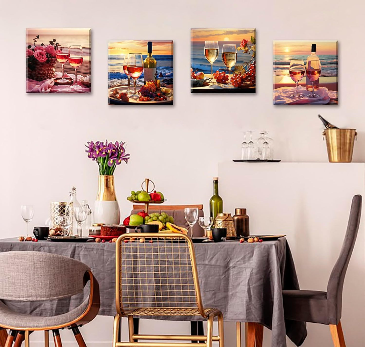 Kitchen Decor Dining Room Wall Art Wine Glass Still Life Fruit Goblet Canvas Prints Artwork Beach Sunset Landscape Romantic Poster Bar Restaurant Home Decoration Framed Ready to Hang 12"X12"X4 Panels