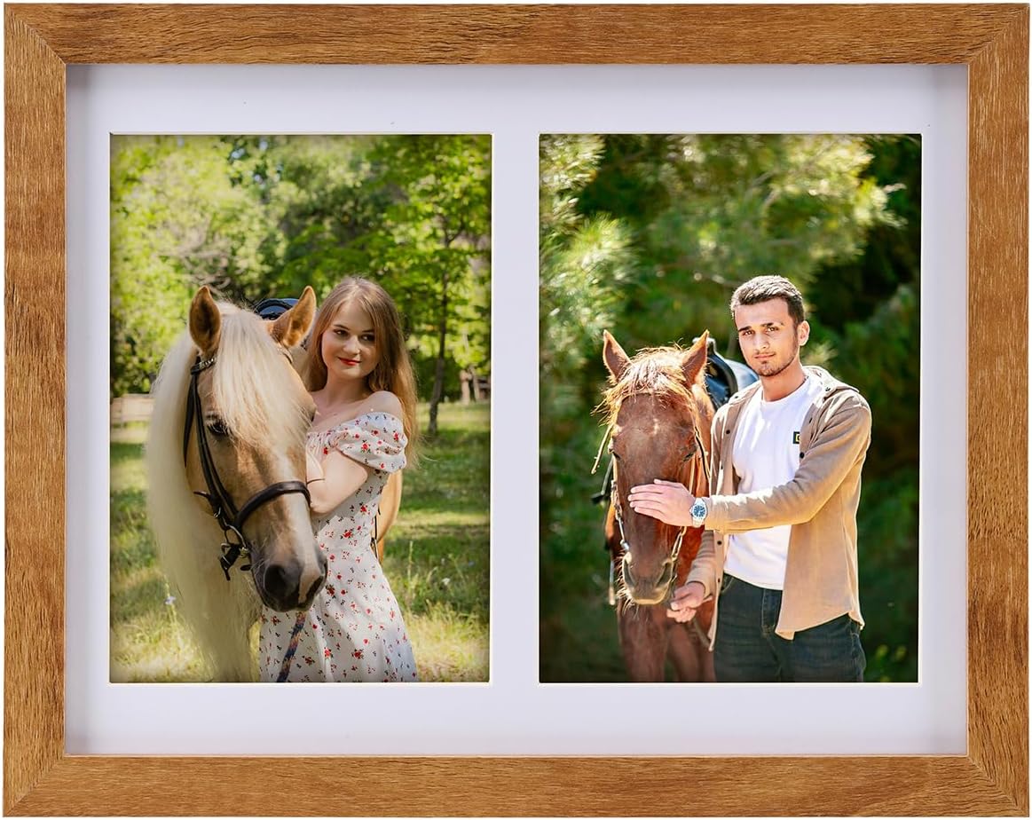 8x10 Pine Wood Collage Picture Frame Double 4x6 Picture Frame with Tempered Glass Fits 1Pc 8x10 Picture or 2Pcs 4x6 Photos With Mat For Tabletop or Gallery Wall Mounted-Teak Brown